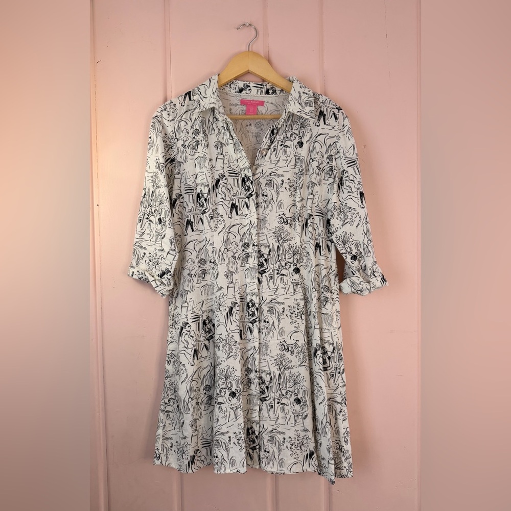 Isaac Mizrahi Black and White linen Artistic Shirt Dress with pockets SzS